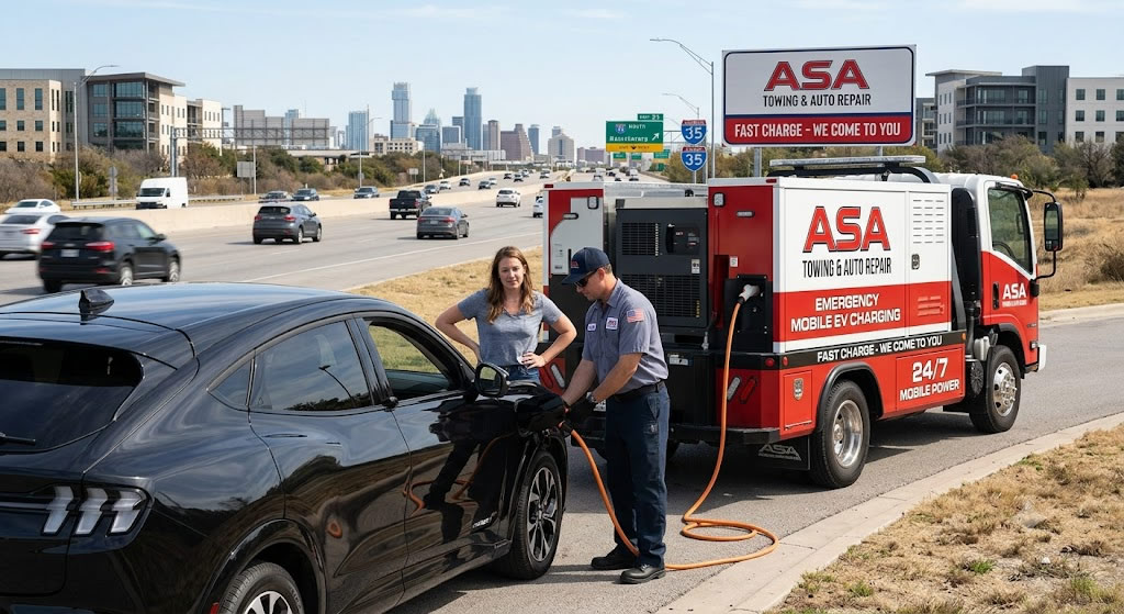 ASA Towing technician providing emergency mobile EV charging roadside assistance to a stranded electric vehicle driver on a highway in Austin, TX.
